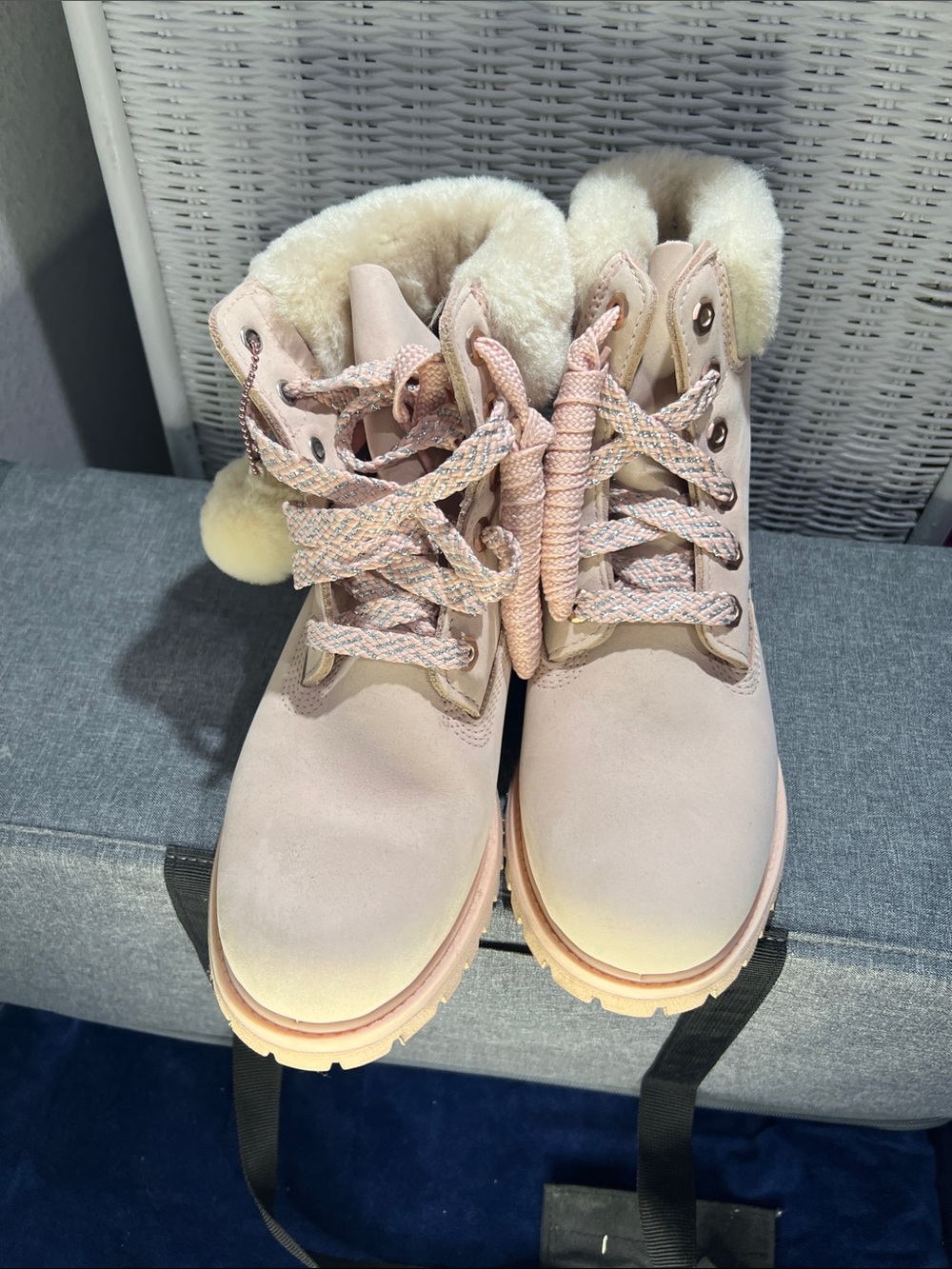 Timberland Pink Lace-Up Faux Fur Collar Boots